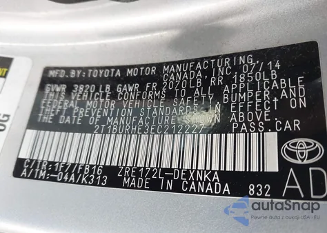 2014 Toyota Corolla Le z USA, uszkodzony, nr VIN 2T1BURHE3EC212227